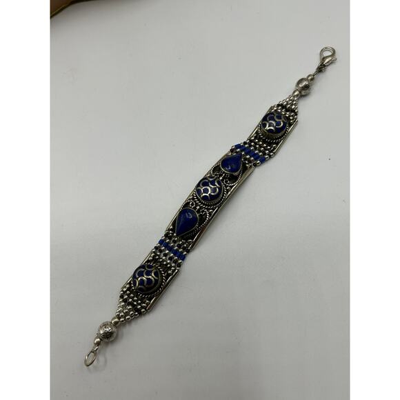 Blue Lapis Tibetan Silver Necklace Bracelet Earrings Set Boho Ethnic Jewelry - Picture 8 of 8